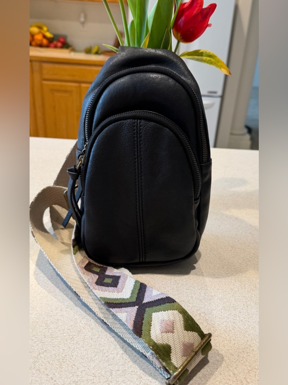 Black Leather  Crossbody Sling Bag with Patterned Strap